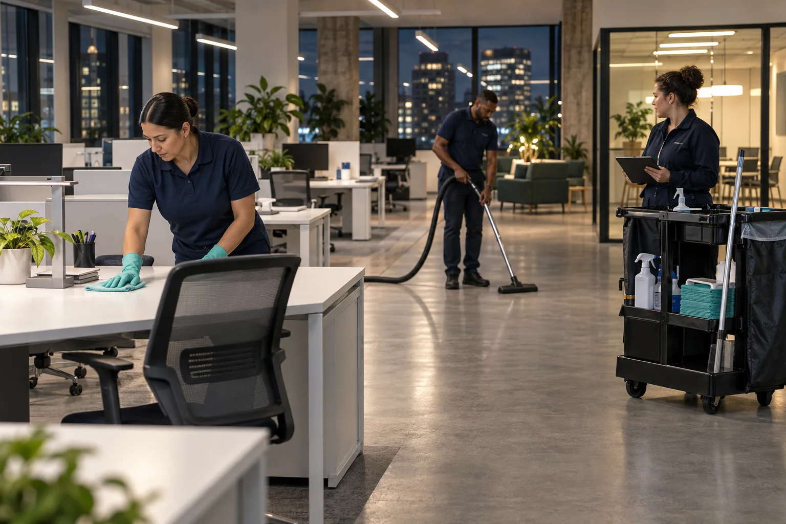 An illustrative professional cleaning crew working in an office