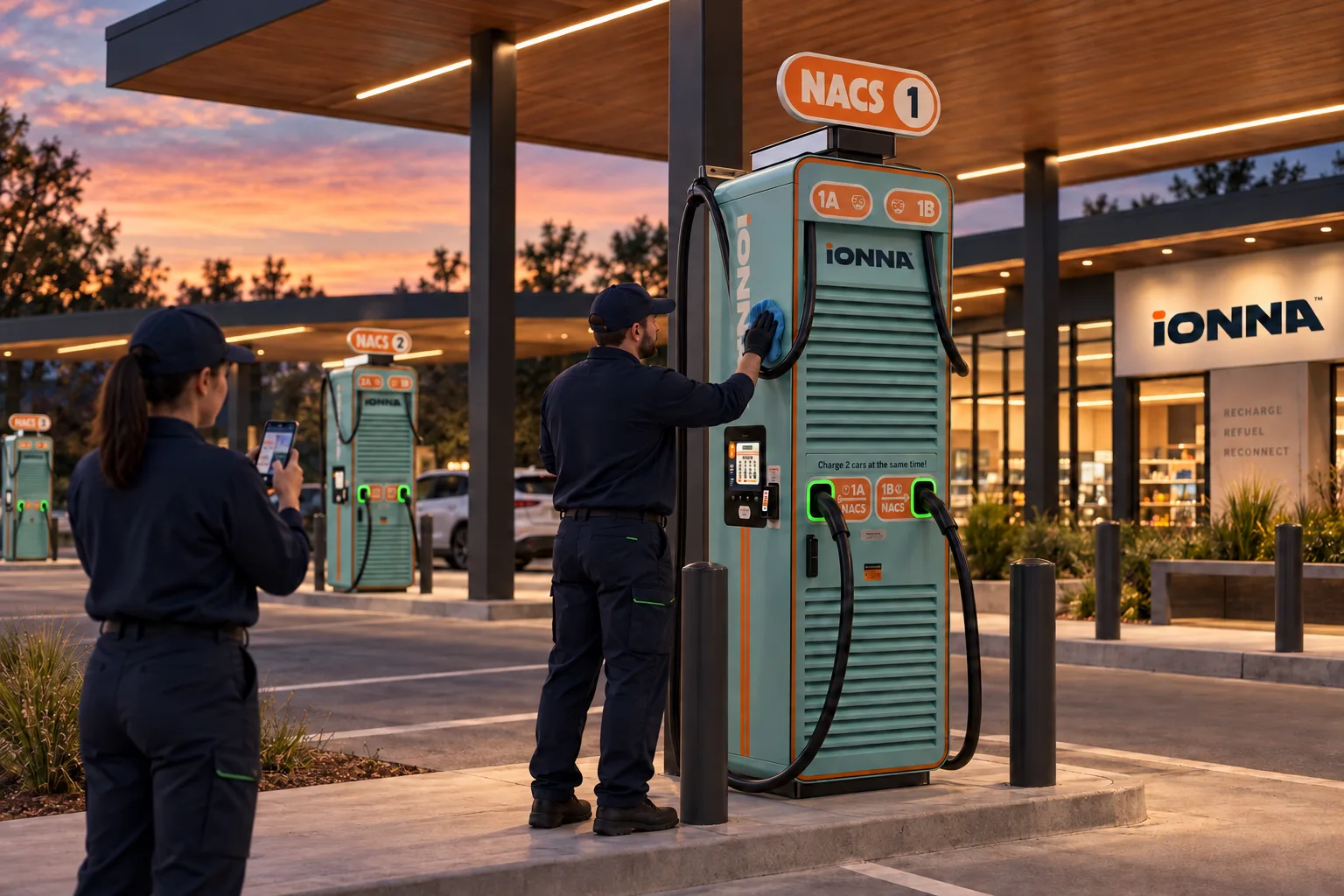 Illustrative IONNA charging station with a cleaning professional caring for a charger exterior and a teammate recording the visit