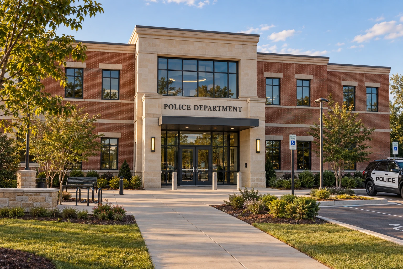 Illustrative municipal police station with a brick and limestone exterior and landscaped public entrance