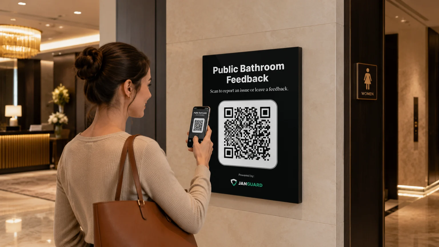 A visitor scanning a JanGuard public feedback QR board near a restroom entrance