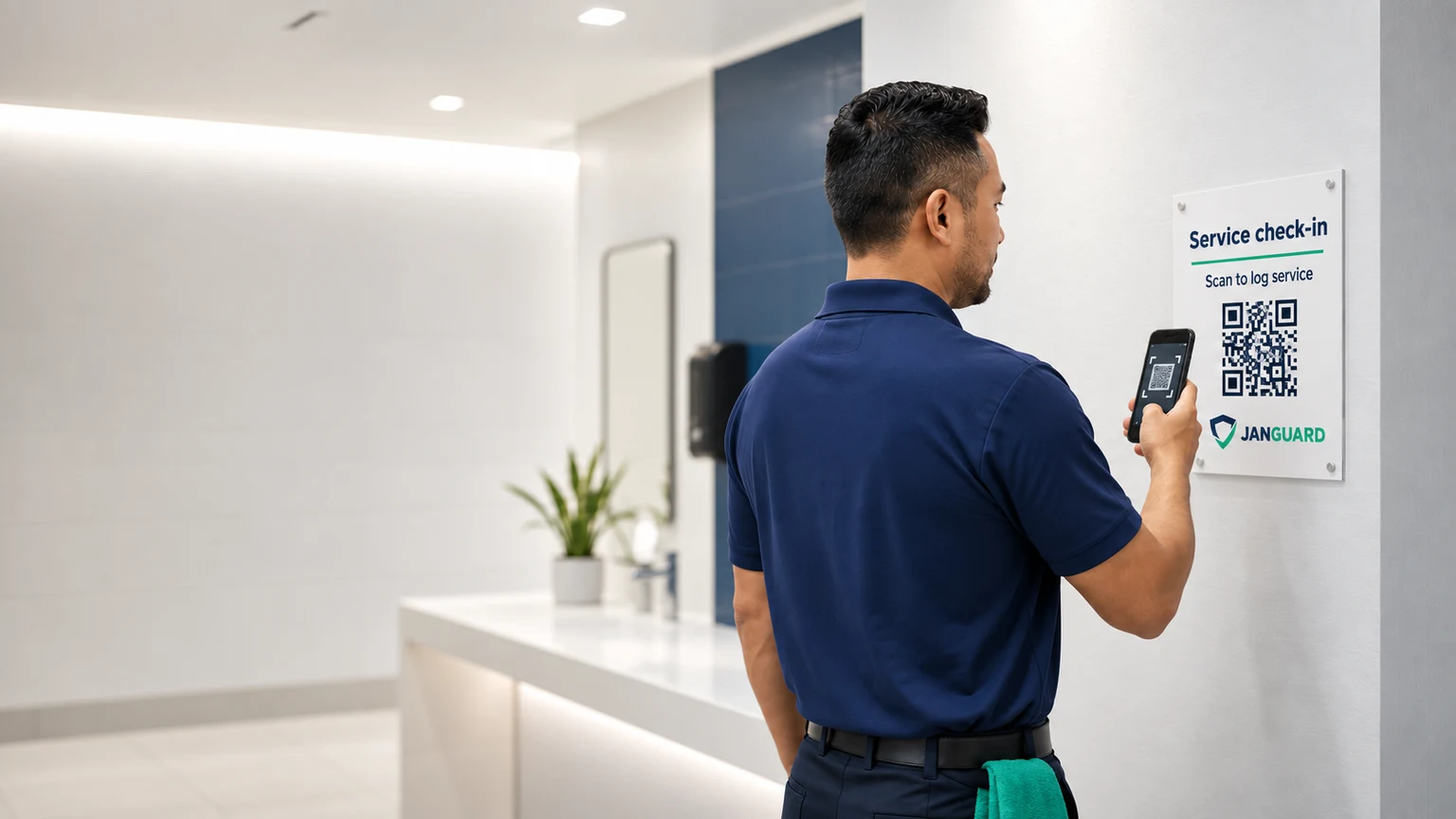 A service professional scanning a wall-mounted service-report QR board
