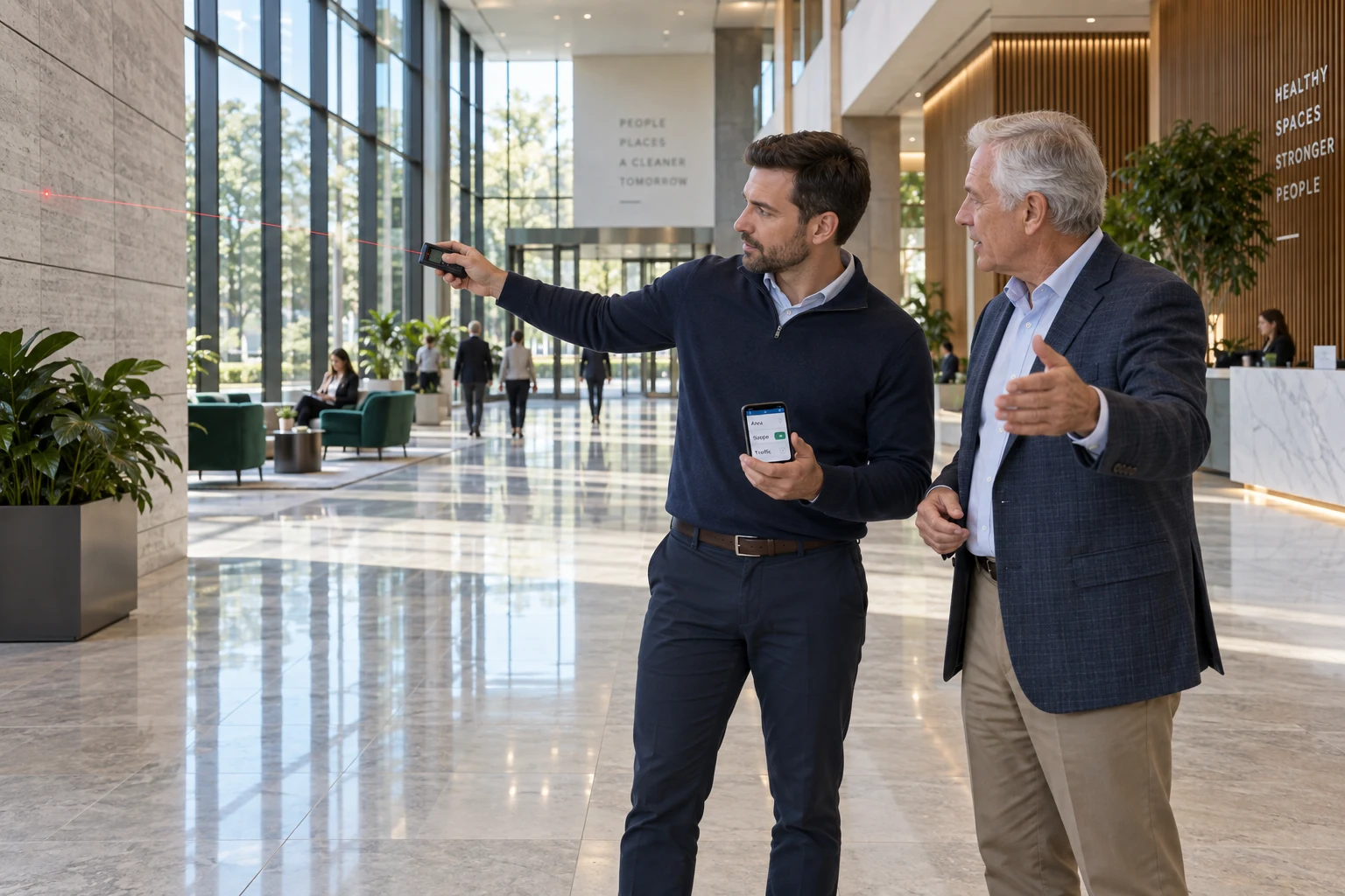 A sales representative measuring a facility with a laser meter and phone while discussing scope and traffic with an older facilities director