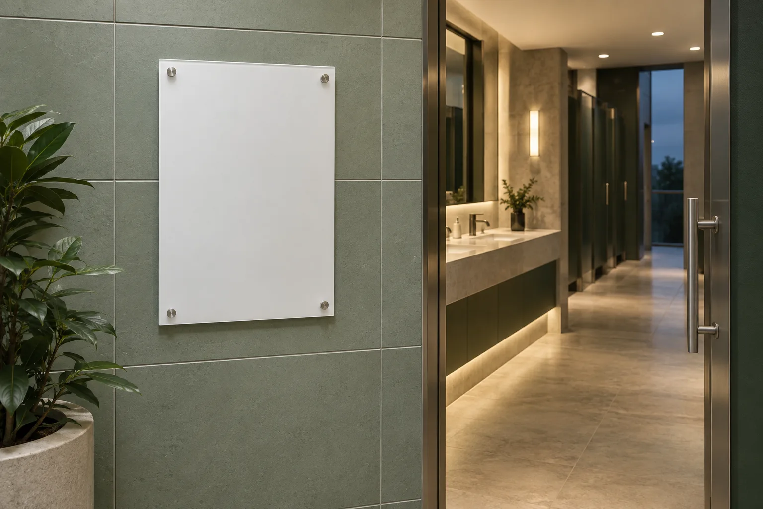 A service placard mounted beside a restroom entrance