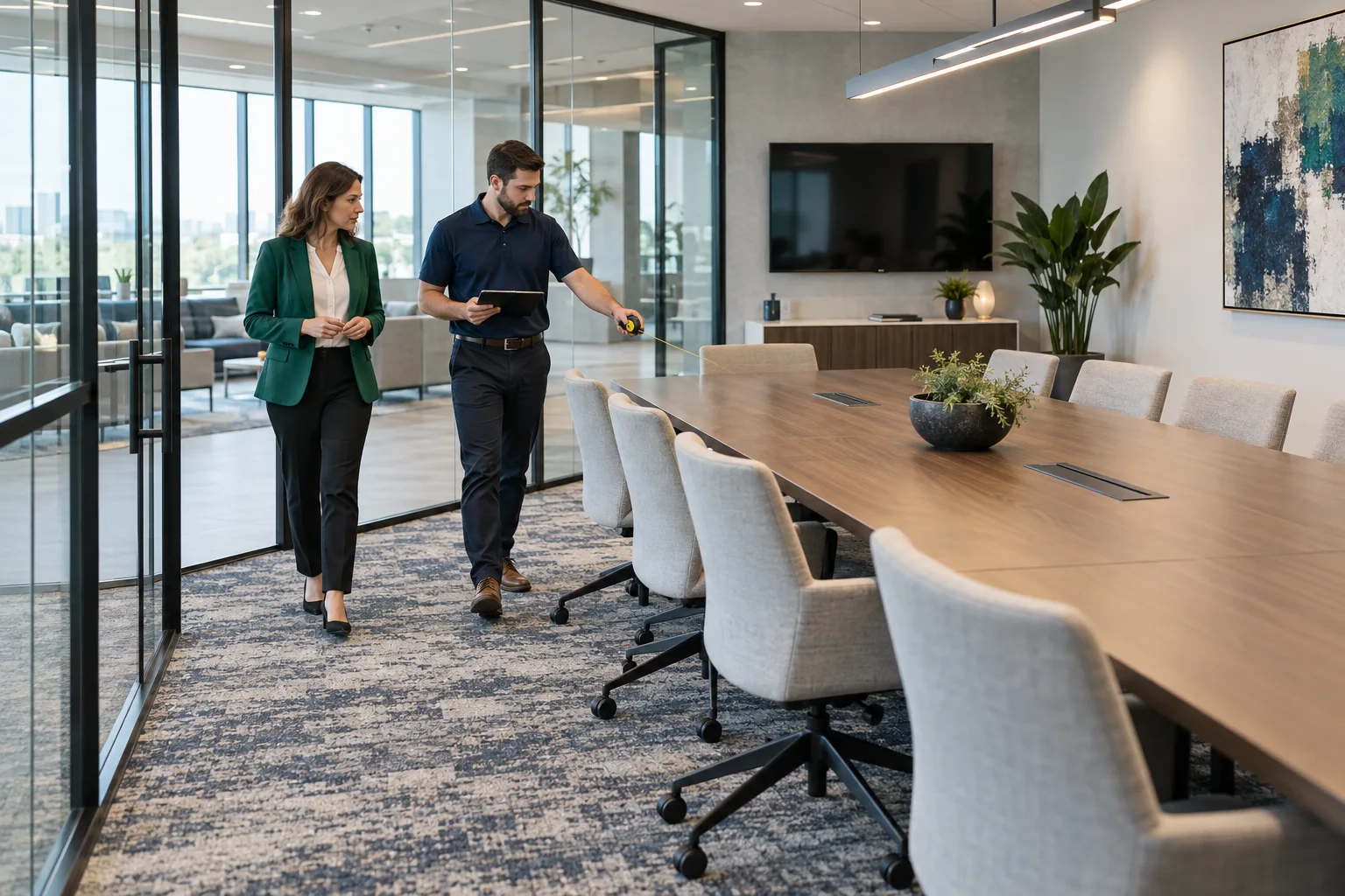 A cleaning-business owner and facility representative reviewing an office space