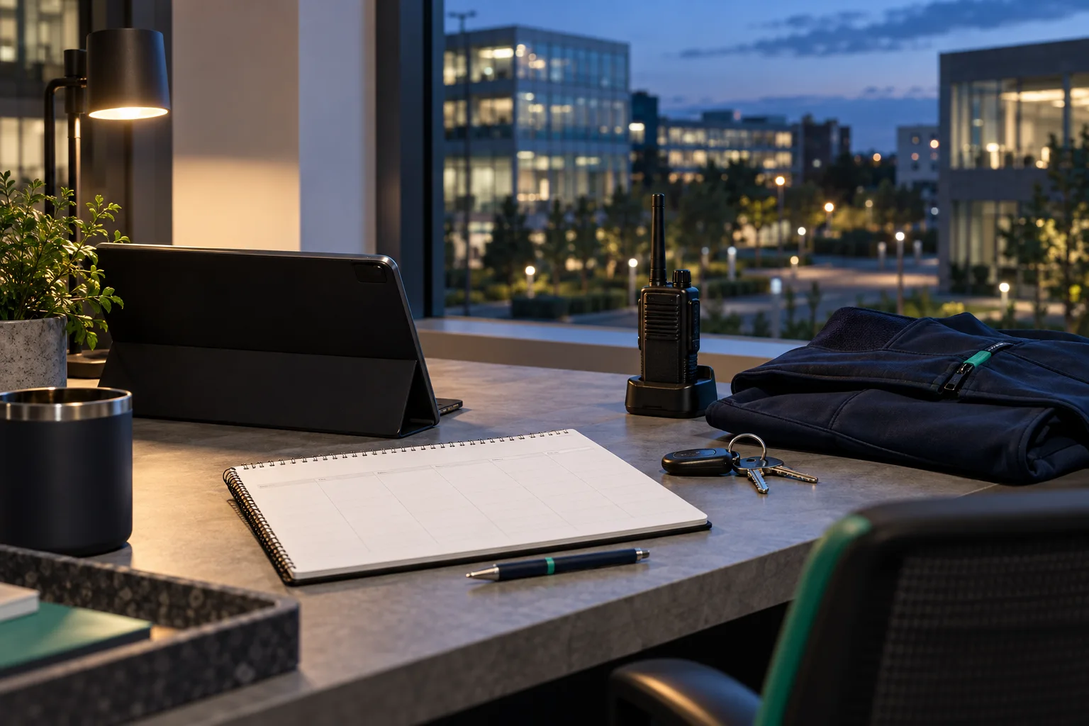 An evening operations desk with planning tools and building keys
