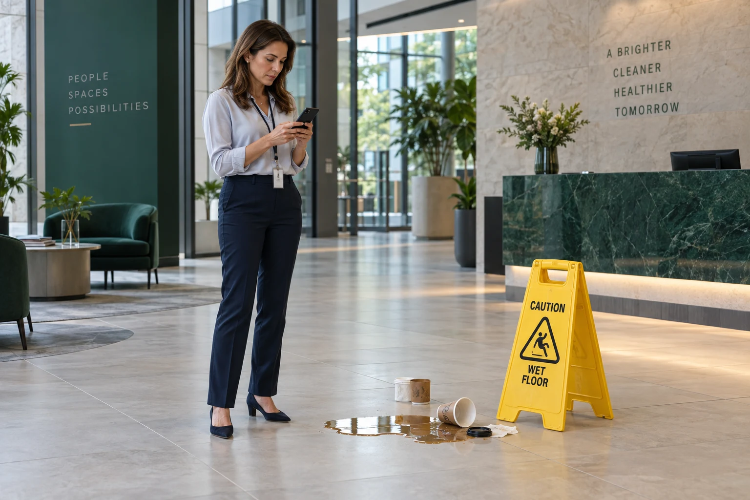A facilities manager requesting vendor cleanup on her phone beside a spill and wet-floor sign